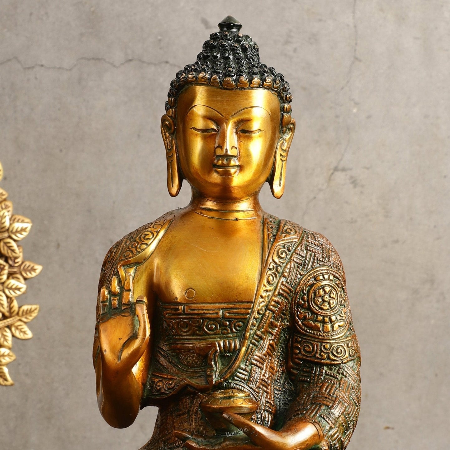 Pure Brass Buddha Statue - Antique Finish, 12" Height