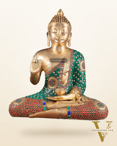Pure Brass Buddha Statue in Abhaya Mudra with stonework 14 inch