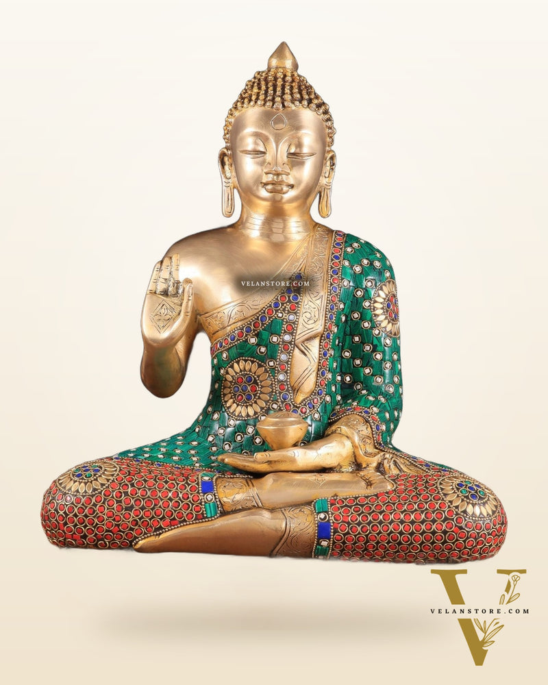 Pure Brass Buddha Statue in Abhaya Mudra with stonework 14 inch