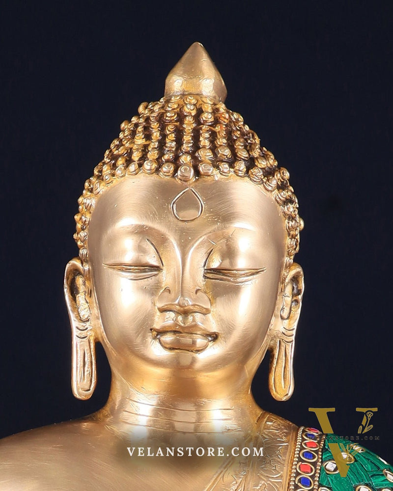 Pure Brass Buddha Statue in Abhaya Mudra with stonework 14 inch