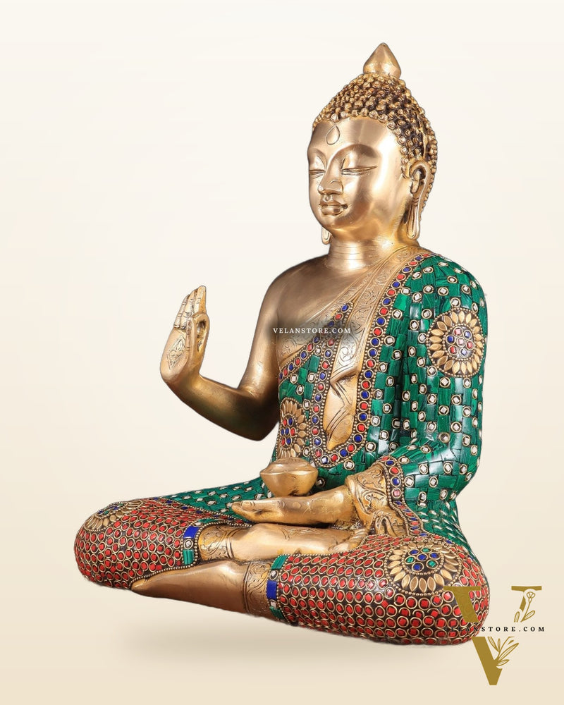 Pure Brass Buddha Statue in Abhaya Mudra with stonework 14 inch