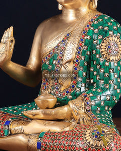 Pure Brass Buddha Statue in Abhaya Mudra with stonework 14 inch