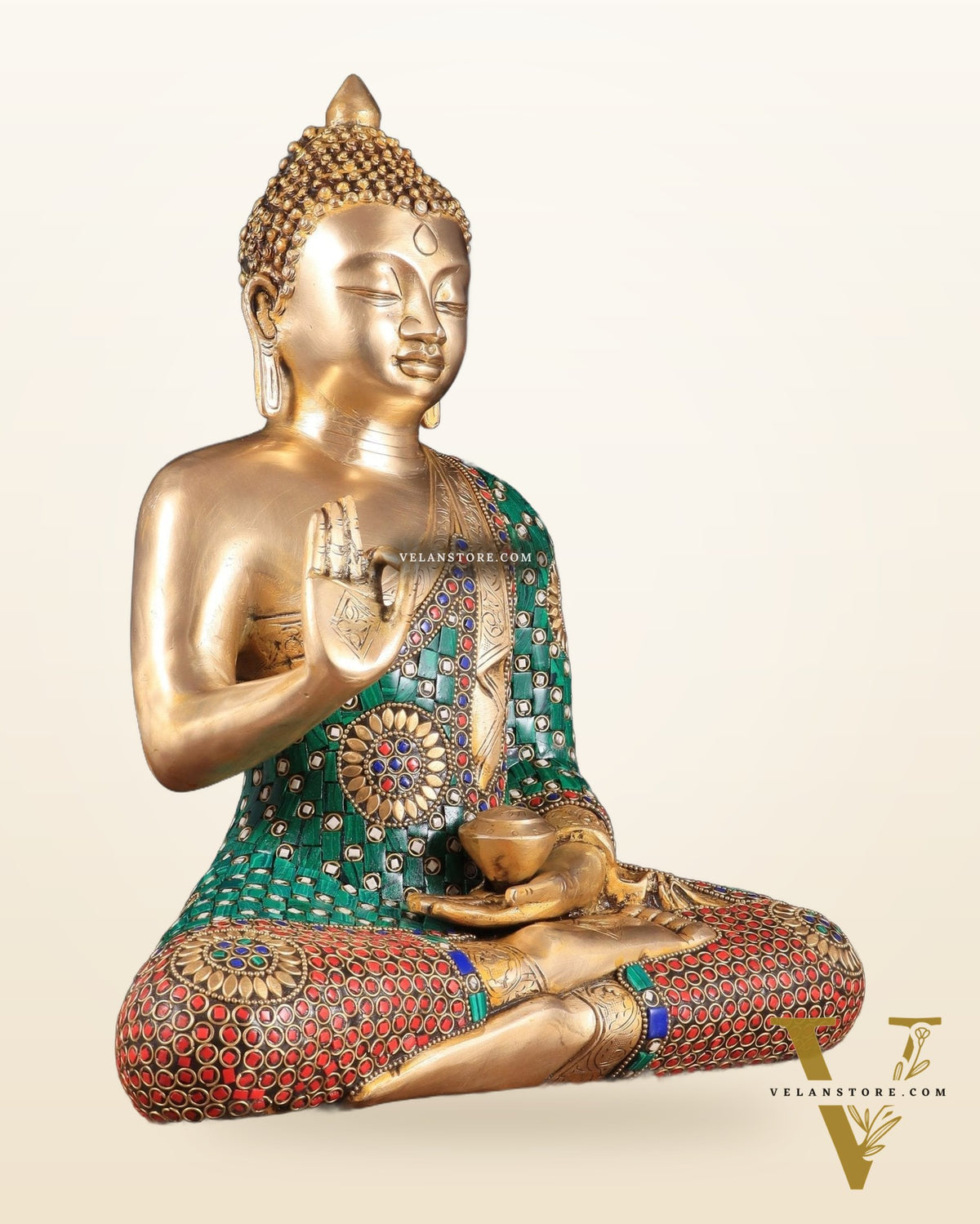Pure Brass Buddha Statue in Abhaya Mudra with stonework 14 inch