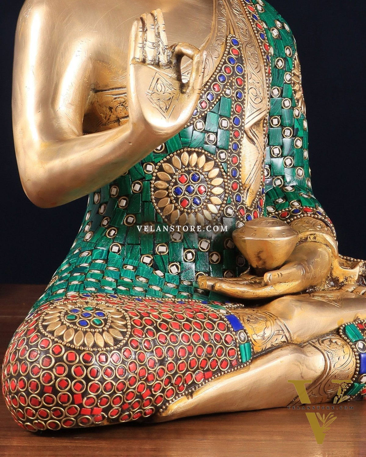 Pure Brass Buddha Statue in Abhaya Mudra with stonework 14 inch