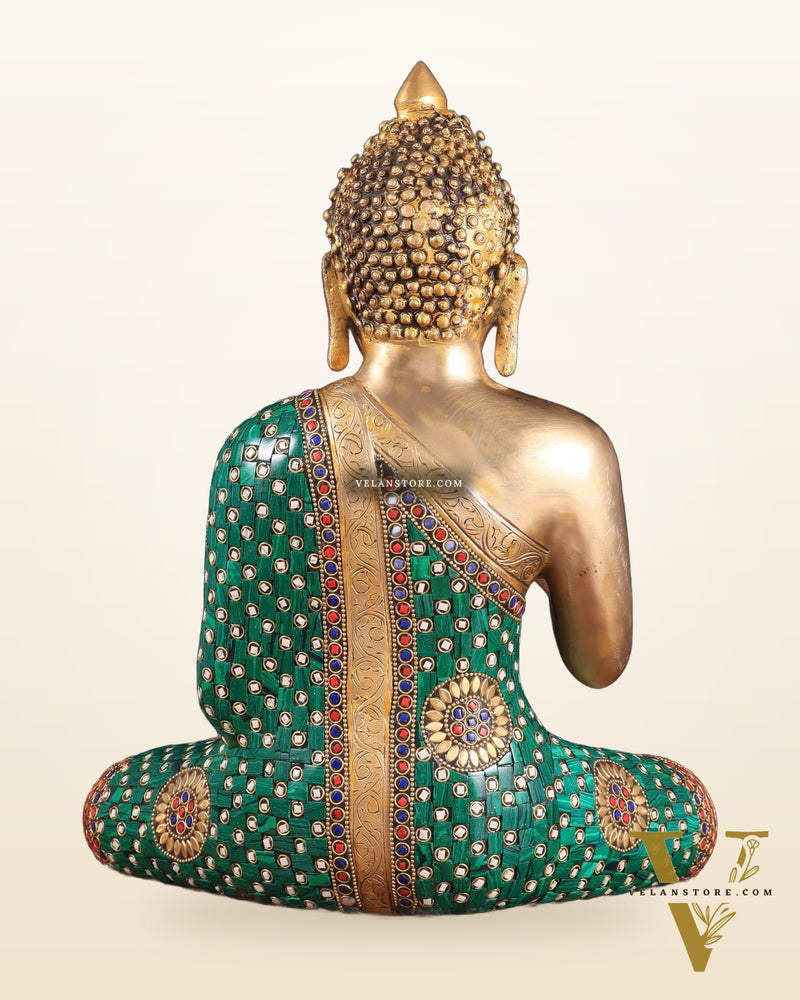 Pure Brass Buddha Statue in Abhaya Mudra with stonework 14 inch