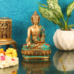 Pure Brass Buddha Statue - Varada Mudra with Medicine Bowl 8 inch