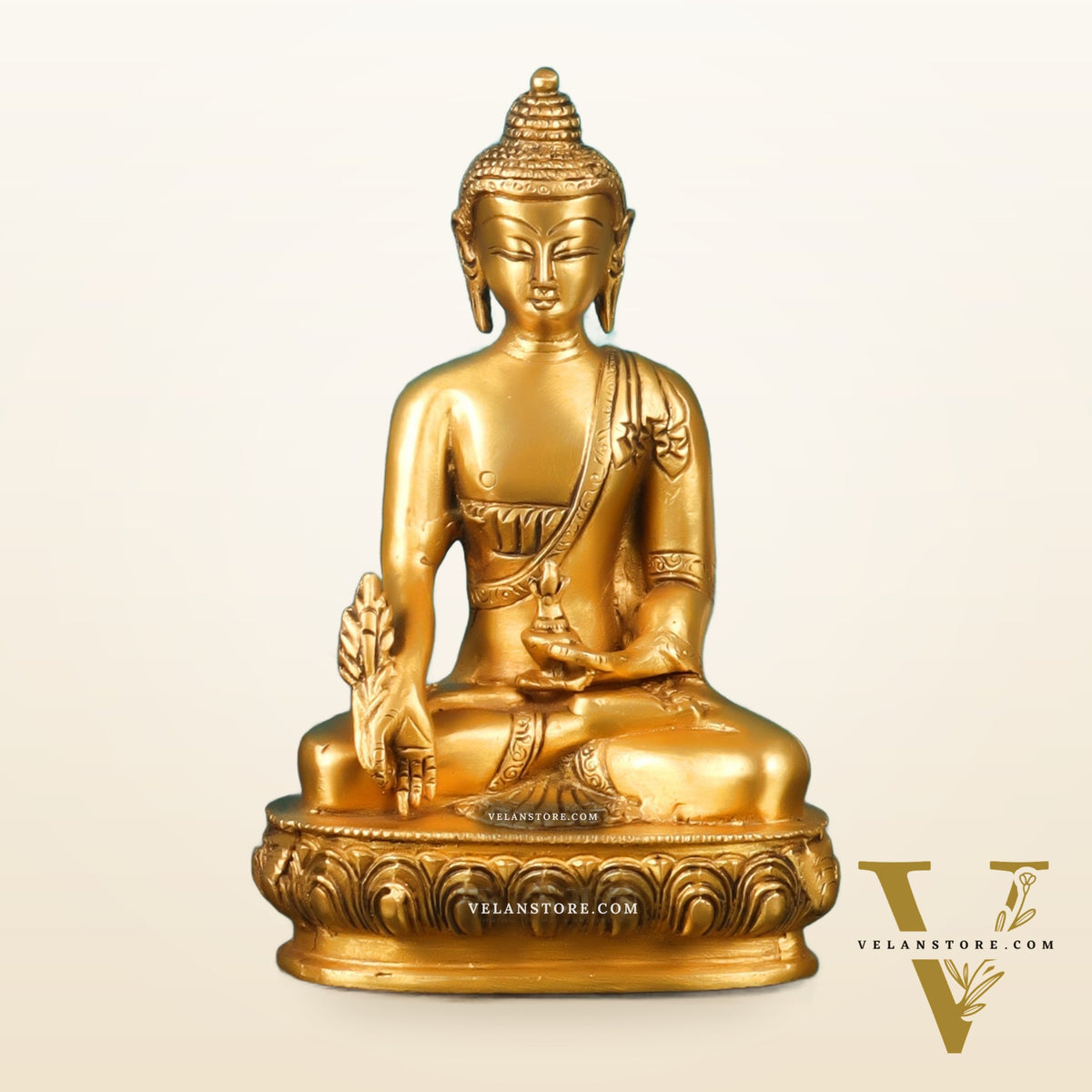 Pure Brass Buddha Statue - Varada Mudra with Medicine Bowl 8 inch