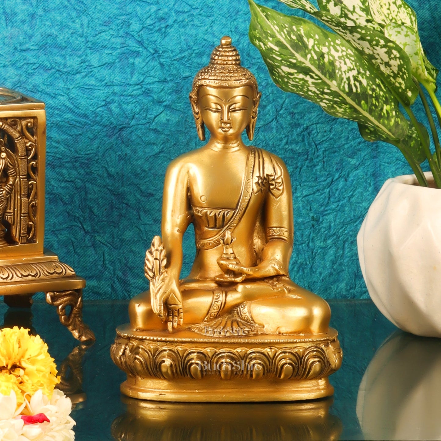 Pure Brass Buddha Statue - Varada Mudra with Medicine Bowl 8 inch