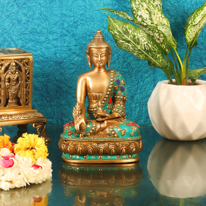 Pure Brass Buddha Statue - Varada Mudra with Medicine Bowl 8 inch