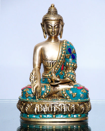 Pure Brass Buddha Statue | Varada Mudra with Medicine Bowl | 8" x 5" x 3.5