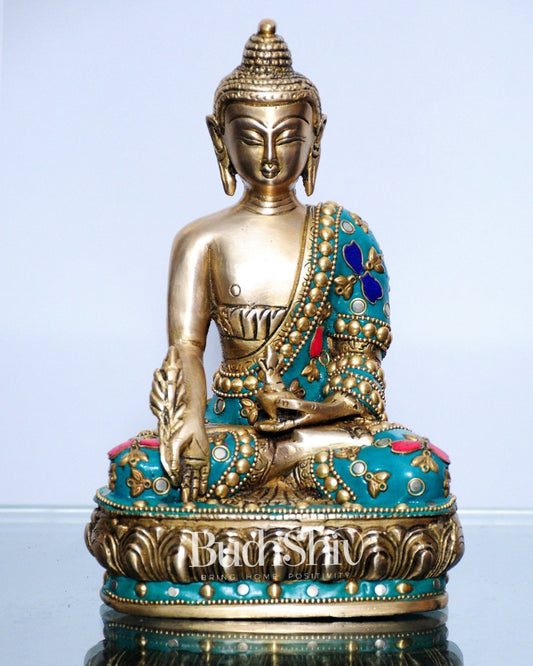 Pure Brass Buddha Statue | Varada Mudra with Medicine Bowl | 8" x 5" x 3.5