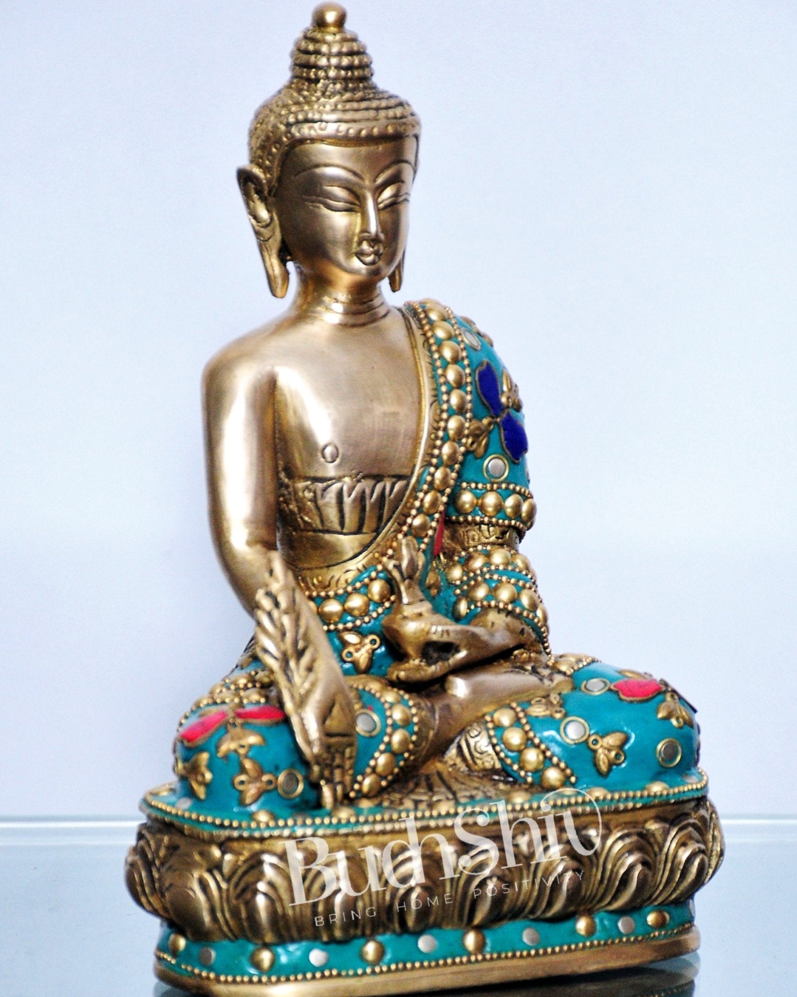 Pure Brass Buddha Statue | Varada Mudra with Medicine Bowl | 8" x 5" x 3.5