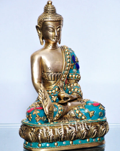 Pure Brass Buddha Statue | Varada Mudra with Medicine Bowl | 8" x 5" x 3.5