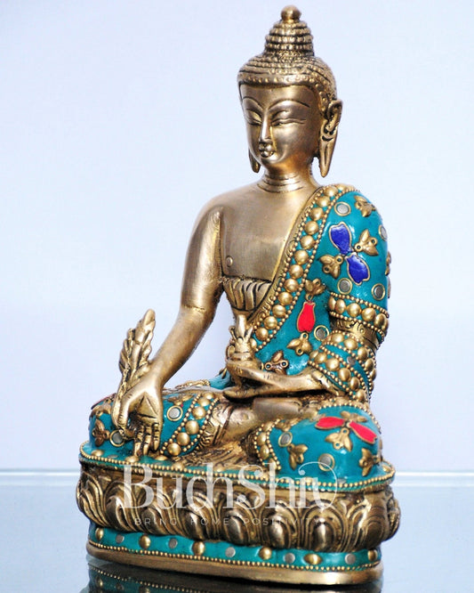 Pure Brass Buddha Statue | Varada Mudra with Medicine Bowl | 8" x 5" x 3.5