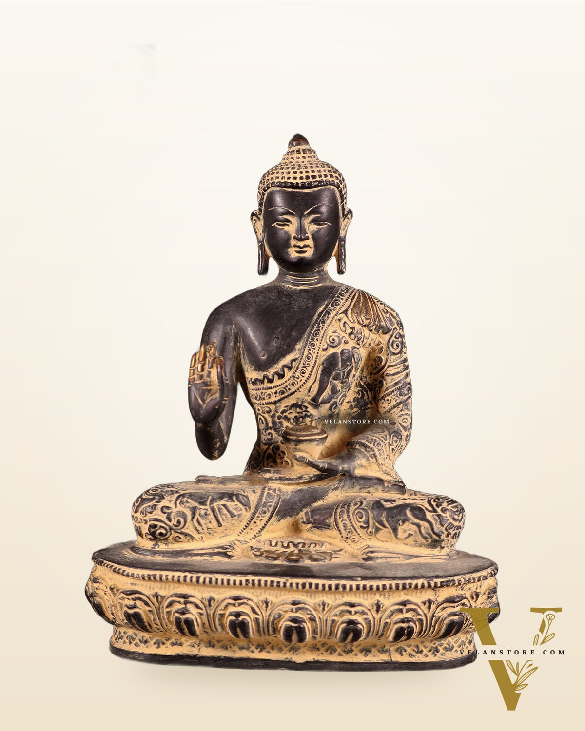 Pure Brass Buddha Statue with Animal Carvings – Sand Finish | 9.75"