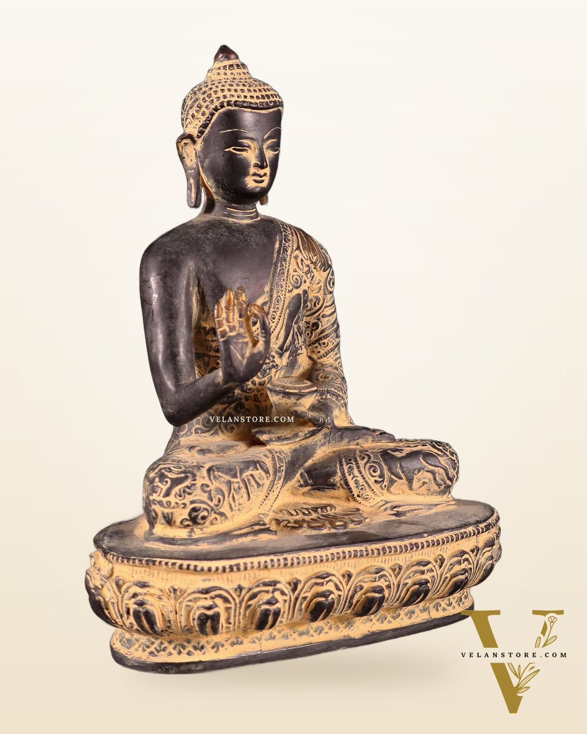 Pure Brass Buddha Statue with Animal Carvings – Sand Finish | 9.75"