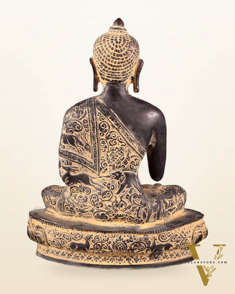 Pure Brass Buddha Statue with Animal Carvings – Sand Finish | 9.75"