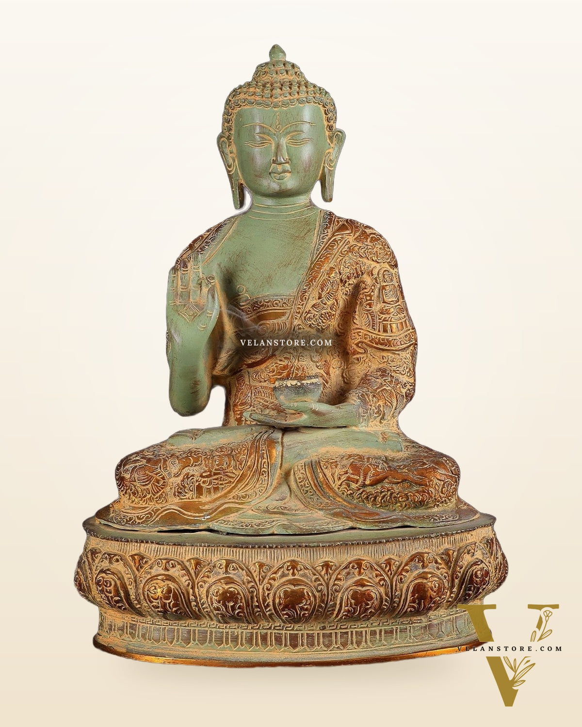 Pure Brass Buddha Statue with Engraved Life Story | 15" green Tone