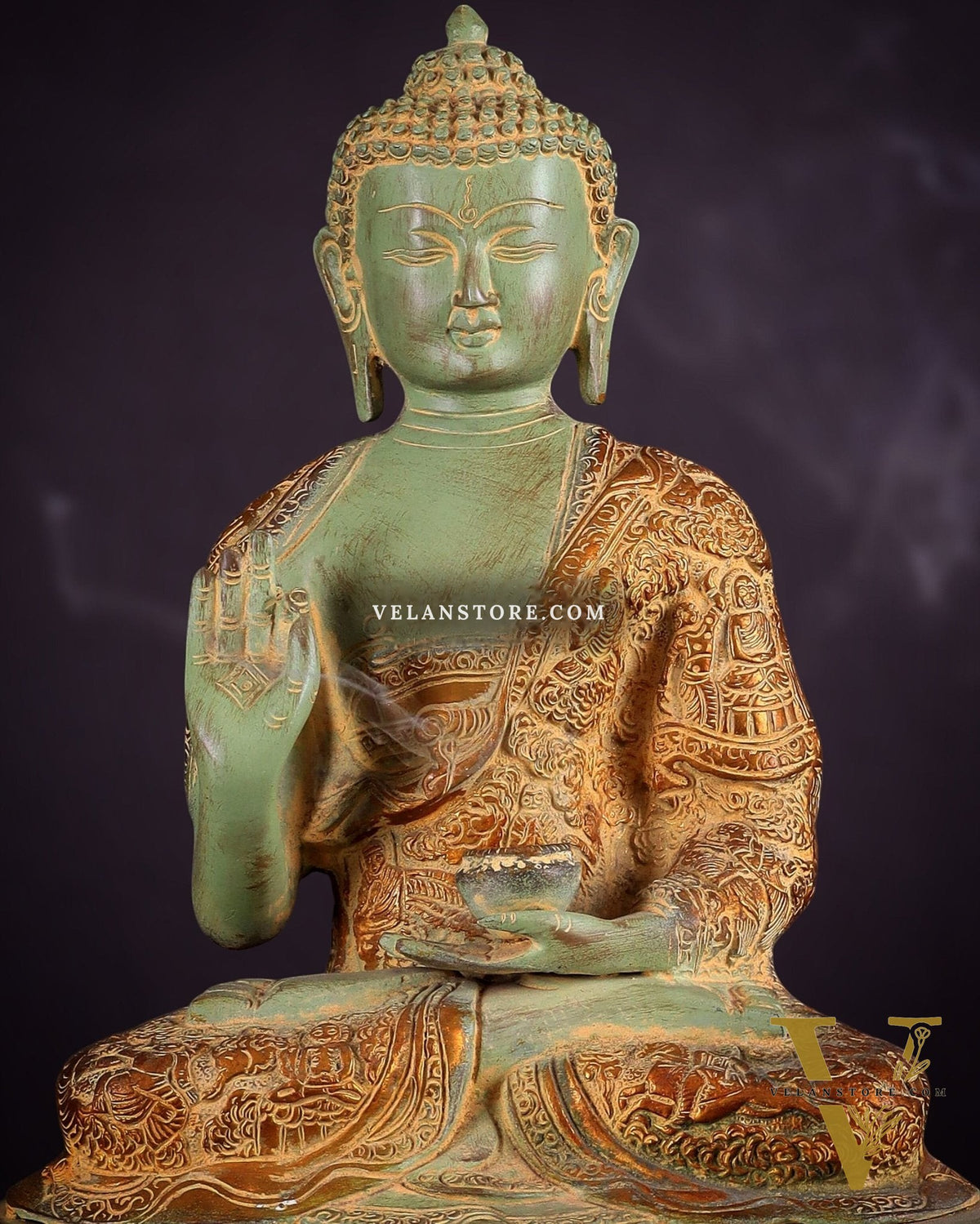 Pure Brass Buddha Statue with Engraved Life Story | 15" green Tone