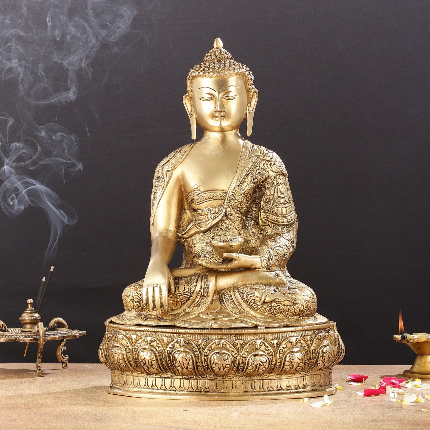 Pure Brass Buddha Statue with Engraved Life Story | 15"