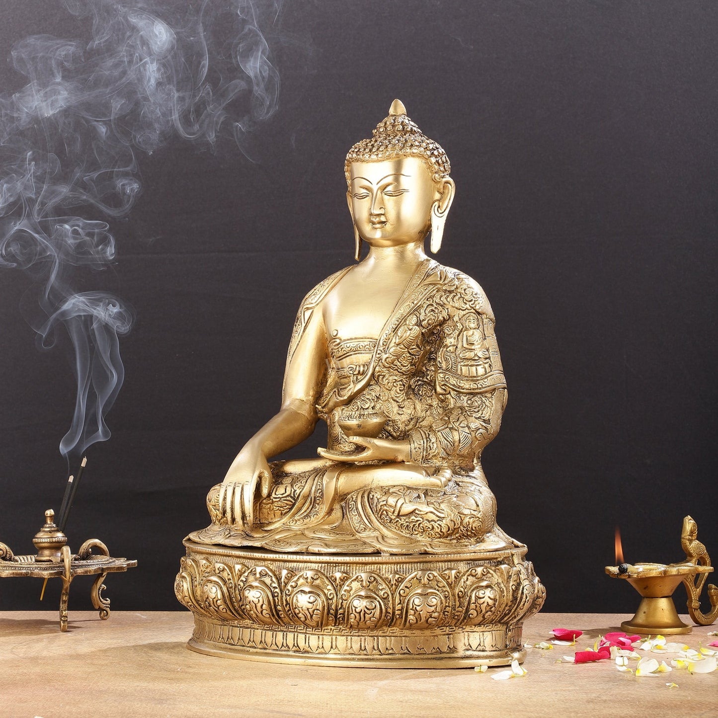 Pure Brass Buddha Statue with Engraved Life Story | 15"