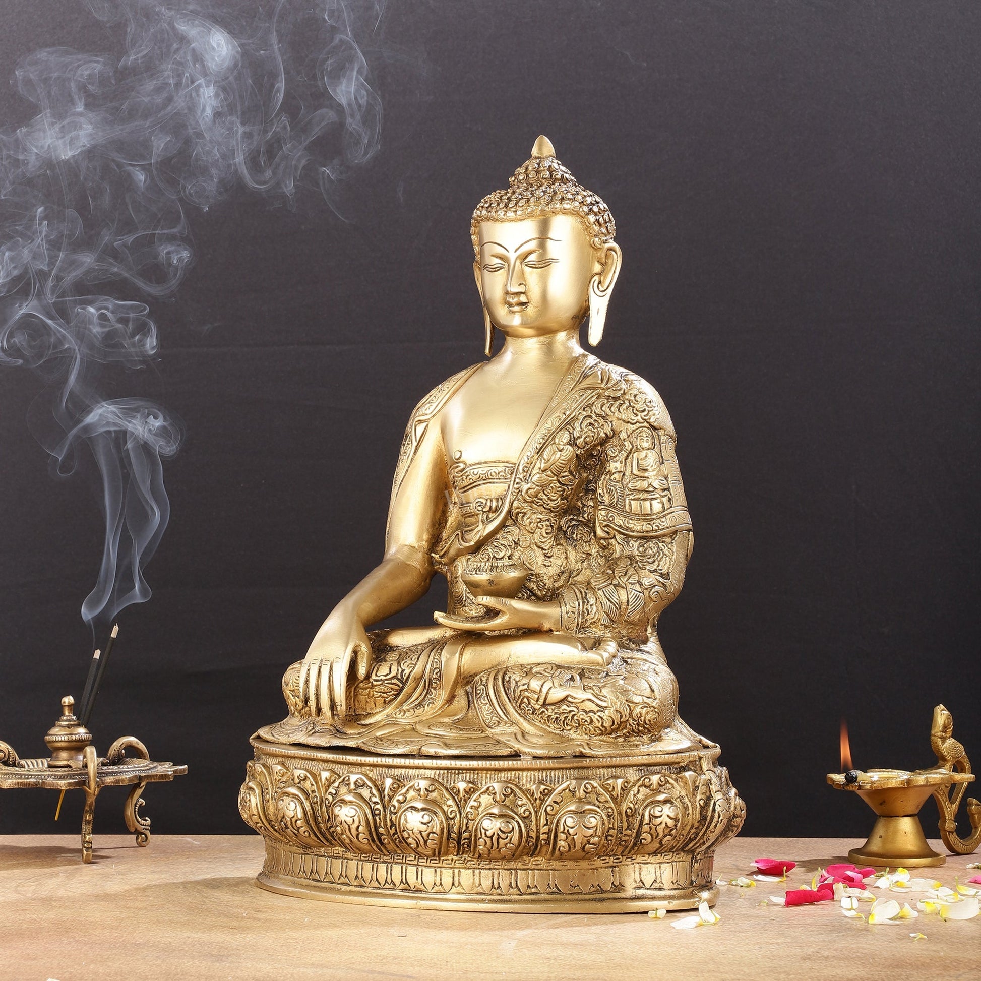 Pure Brass Buddha Statue with Engraved Life Story | 15"