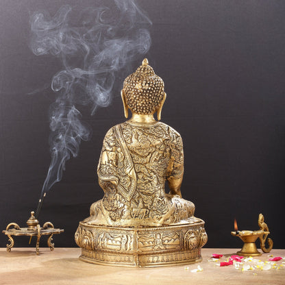 Pure Brass Buddha Statue with Engraved Life Story | 15"