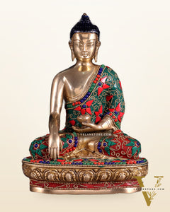 Pure Brass Buddha Statue with Floral Stonework 9"