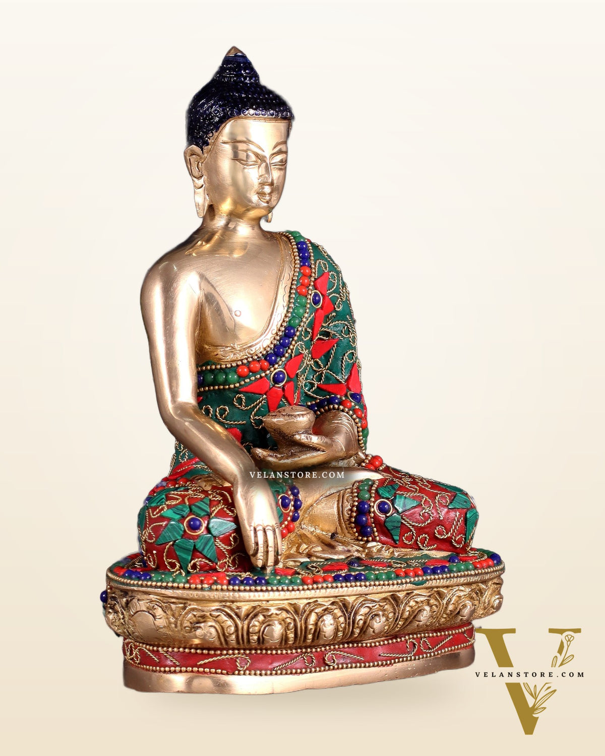 Pure Brass Buddha Statue with Floral Stonework 9"