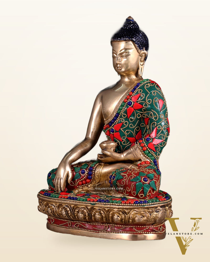 Pure Brass Buddha Statue with Floral Stonework 9"