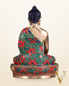 Pure Brass Buddha Statue with Floral Stonework 9"