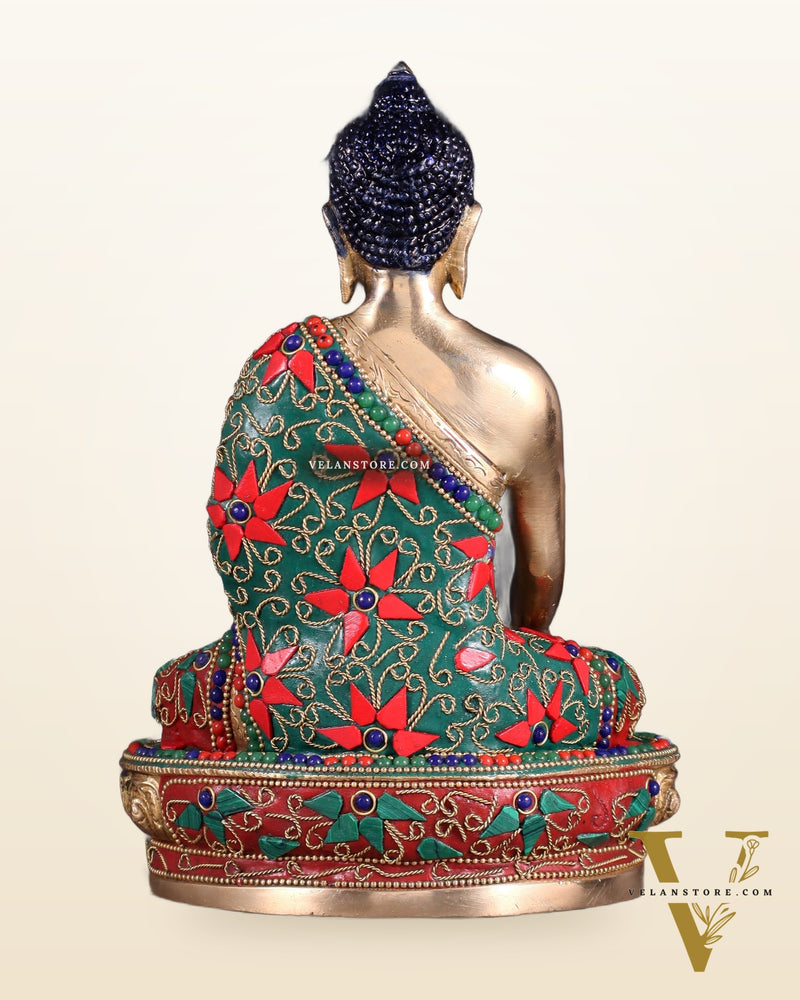 Pure Brass Buddha Statue with Floral Stonework 9"