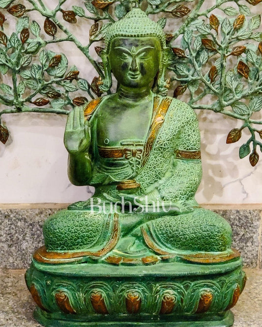 Pure Brass Buddha Statue with Kalpavriksha | 25.5 inches Height | Green Sandstone Antique Patina