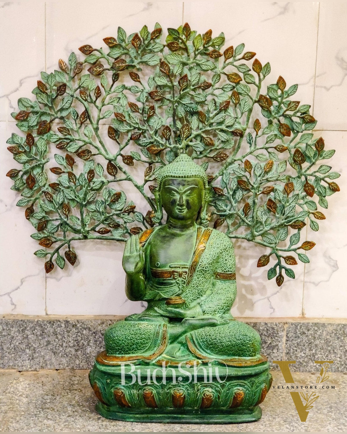 Pure Brass Buddha Statue with Kalpavriksha | 25.5 inches Height | Green Sandstone Antique Patina