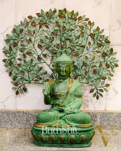 Pure Brass Buddha Statue with Kalpavriksha | 25.5 inches Height | Green Sandstone Antique Patina
