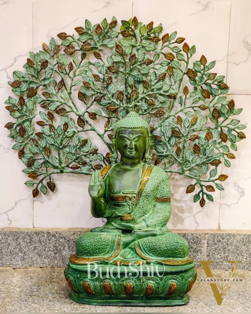 Pure Brass Buddha Statue with Kalpavriksha | 25.5 inches Height | Green Sandstone Antique Patina