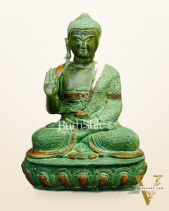 Pure Brass Buddha Statue with Kalpavriksha | 25.5 inches Height | Green Sandstone Antique Patina