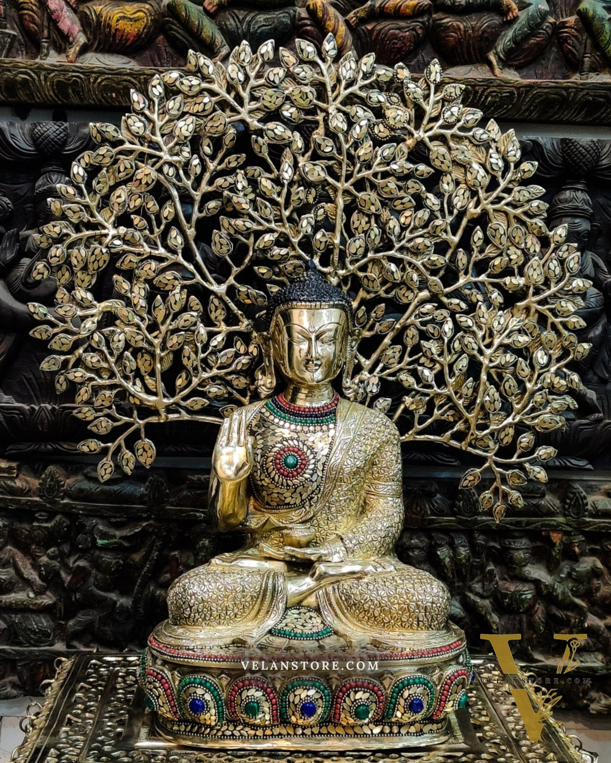 Pure Brass Buddha Statue with Kalpavriksha | Blessing Posture | 25.5 inches Height