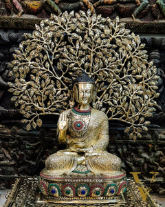 Pure Brass Buddha Statue with Kalpavriksha | Blessing Posture | 25.5 inches Height