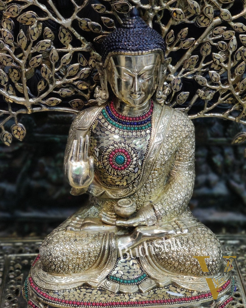 Pure Brass Buddha Statue with Kalpavriksha | Blessing Posture | 25.5 inches Height
