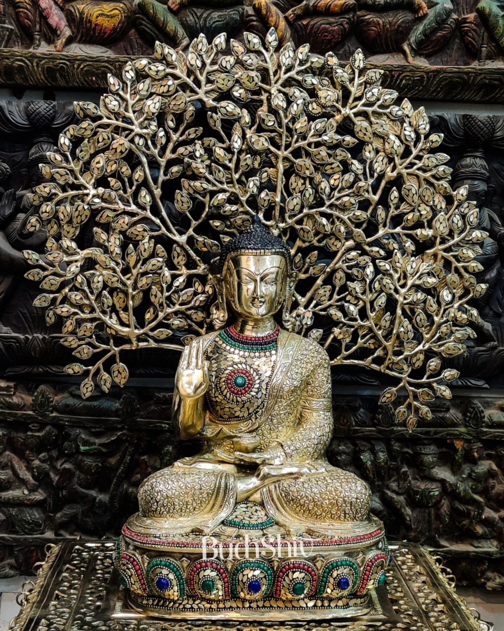 Pure Brass Buddha Statue with Kalpavriksha | Blessing Posture | 25.5 inches Height