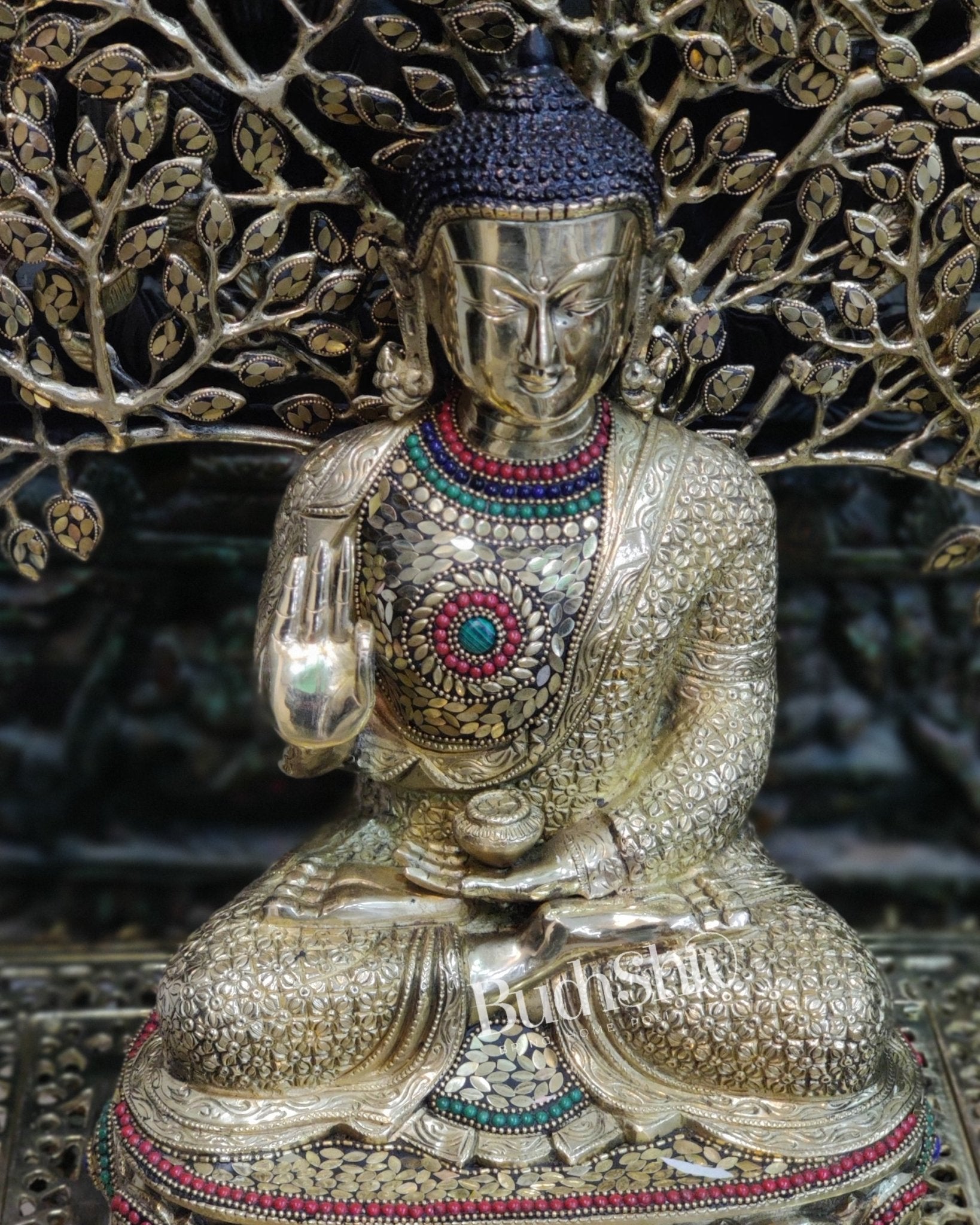 Pure Brass Buddha Statue with Kalpavriksha | Blessing Posture | 25.5 inches Height