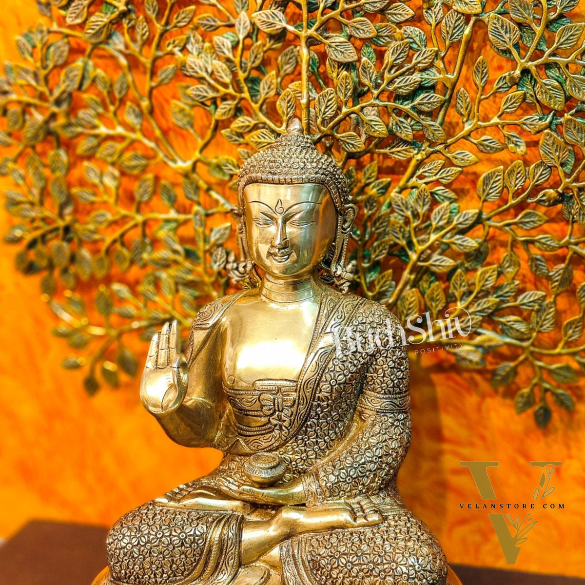 Pure Brass Buddha Statue with Kalpavriksha tree - 25.5 Inches