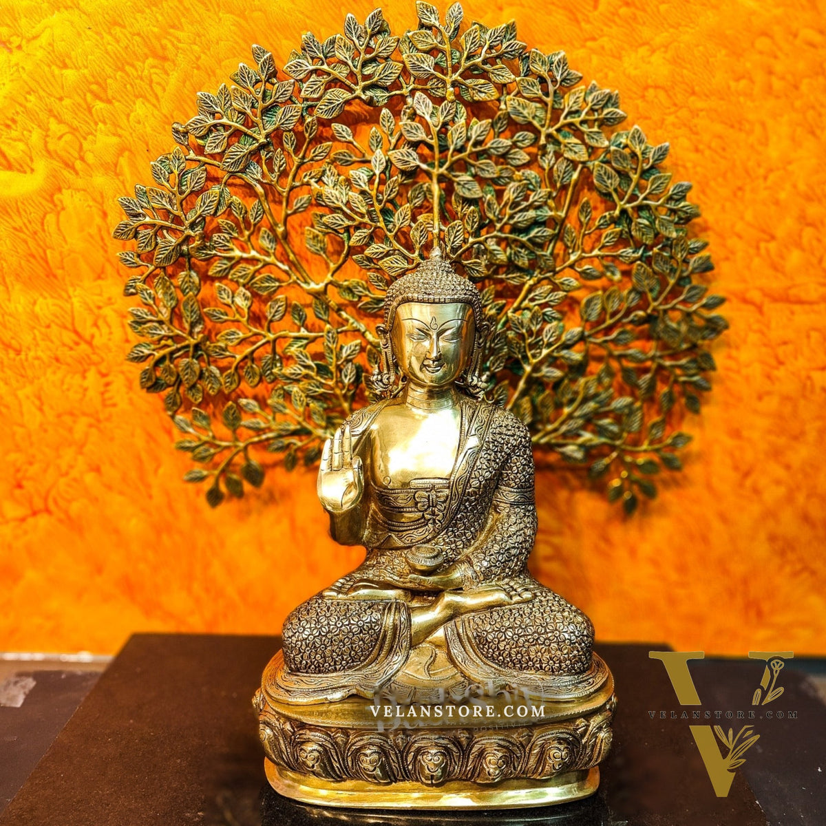 Pure Brass Buddha Statue with Kalpavriksha tree - 25.5 Inches