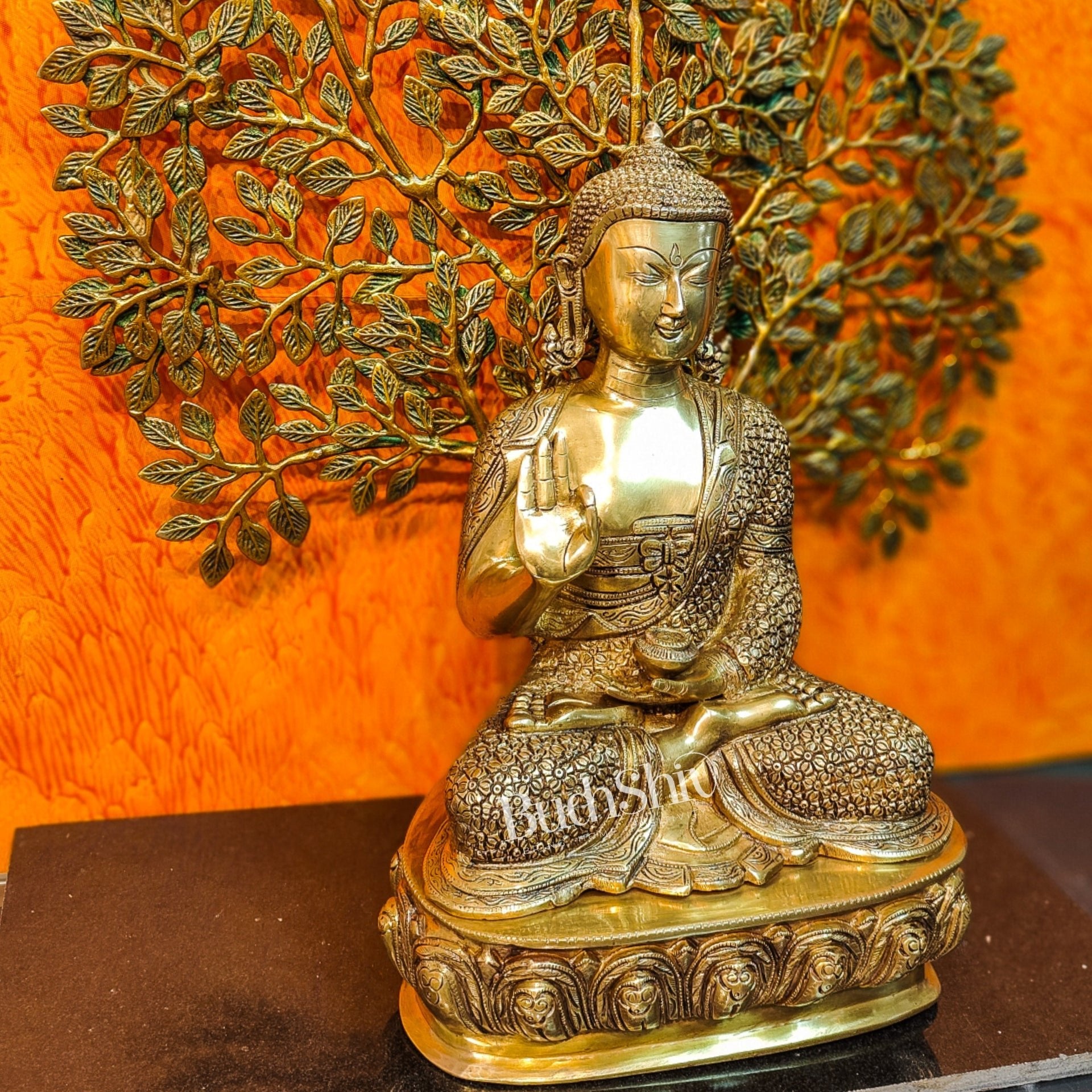 Pure Brass Buddha Statue with Kalpavriksha tree - 25.5 Inches