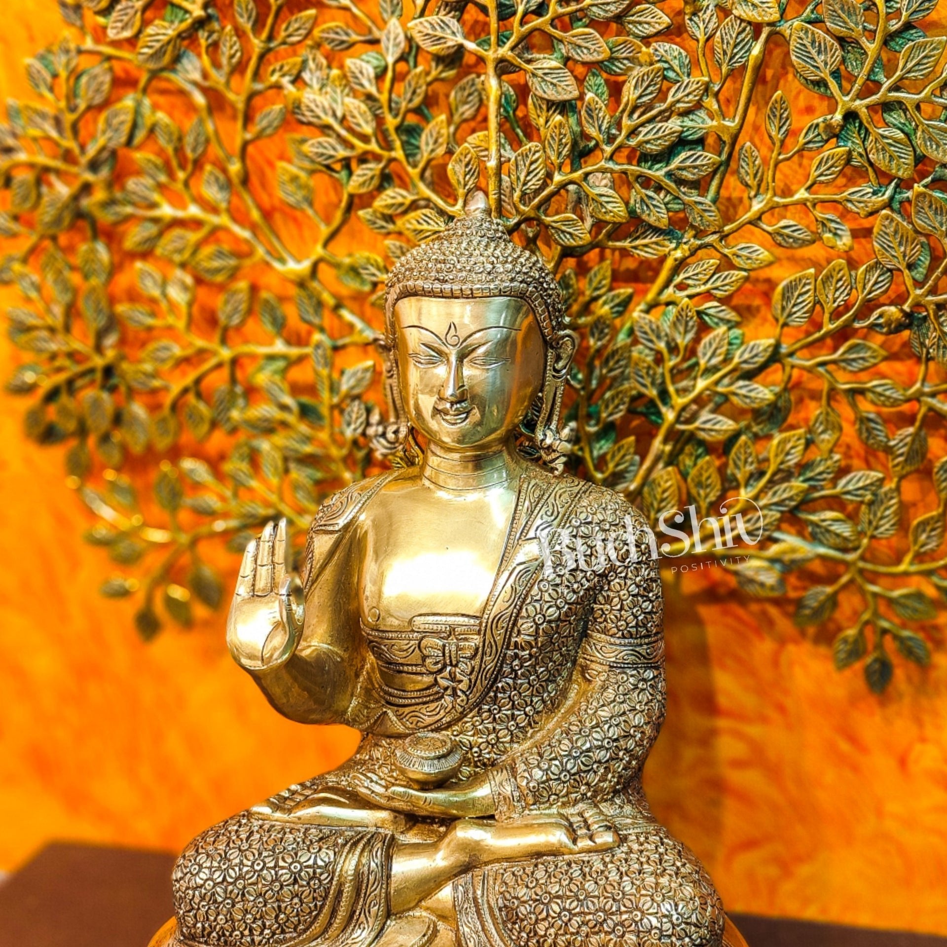 Pure Brass Buddha Statue with Kalpavriksha tree - 25.5 Inches