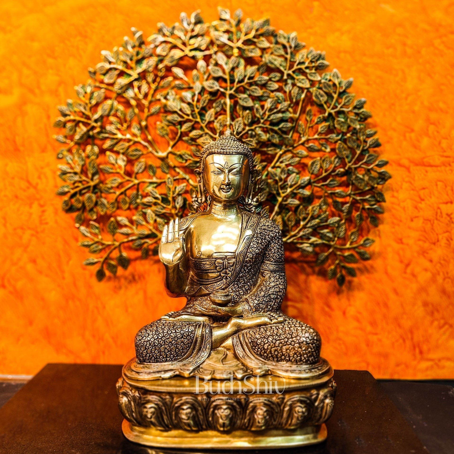 Pure Brass Buddha Statue with Kalpavriksha tree - 25.5 Inches