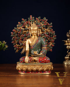 Pure Brass Buddha Statue with Kalpavriksha Tree – Stone Embellished 11"
