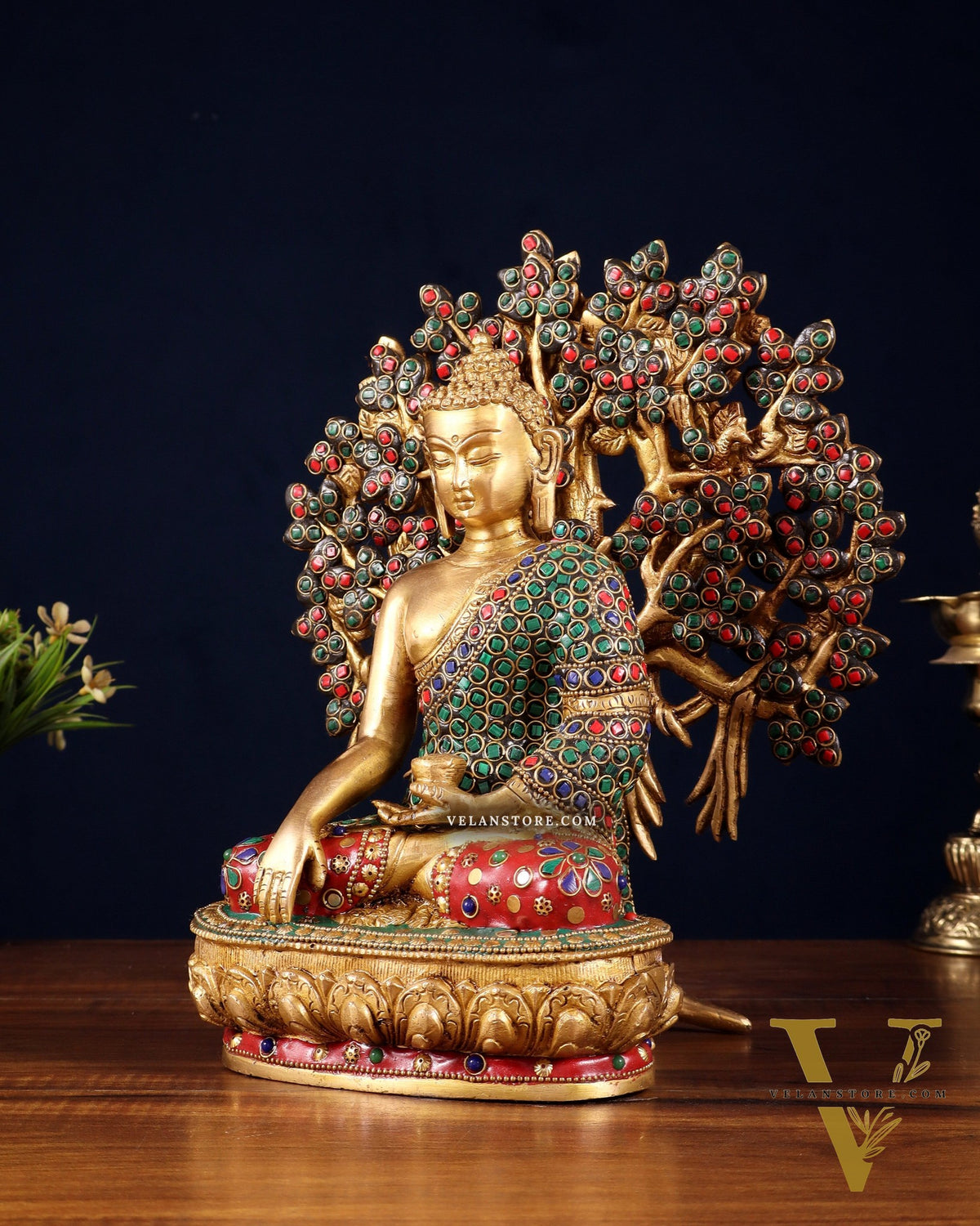 Pure Brass Buddha Statue with Kalpavriksha Tree – Stone Embellished 11"