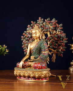 Pure Brass Buddha Statue with Kalpavriksha Tree – Stone Embellished 11"